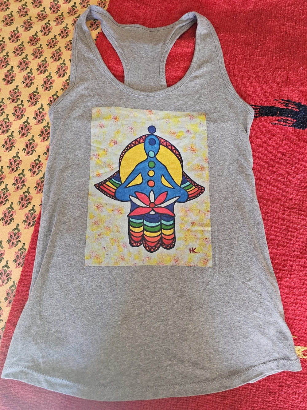Gray Cotton Racerback Tank with Colorful Chakra Hamsa Yoga S